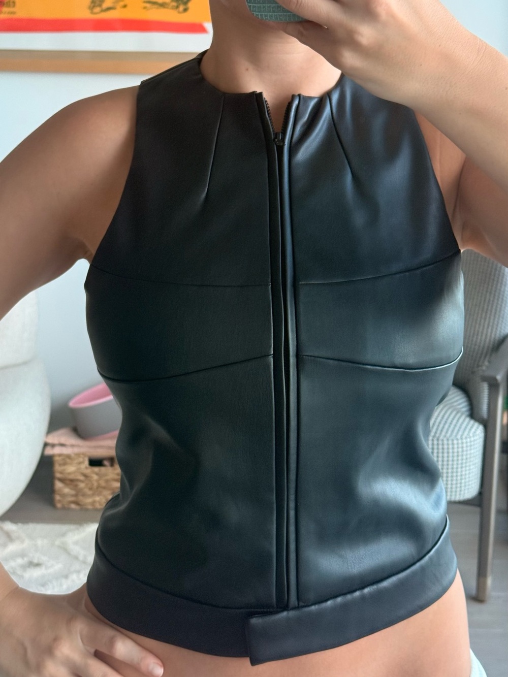Sleeveless Black Faux Leather Zip-Front Tank Top